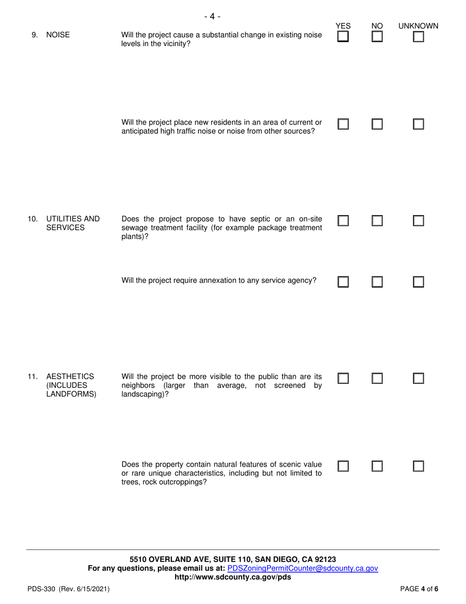 Form PDS-330 Supplemental Questionnaire for Major Project Pre-application Meeting Request - County of San Diego, California, Page 4