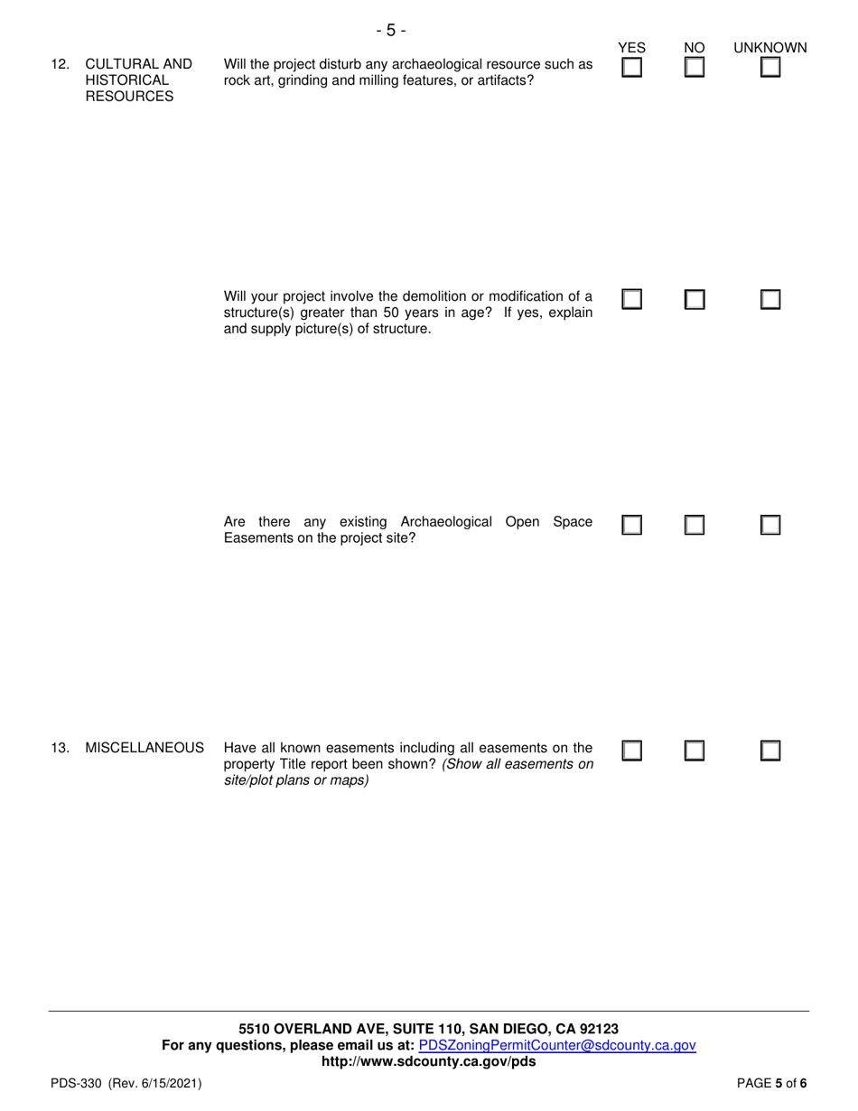 Form PDS-330 Supplemental Questionnaire for Major Project Pre-application Meeting Request - County of San Diego, California, Page 5