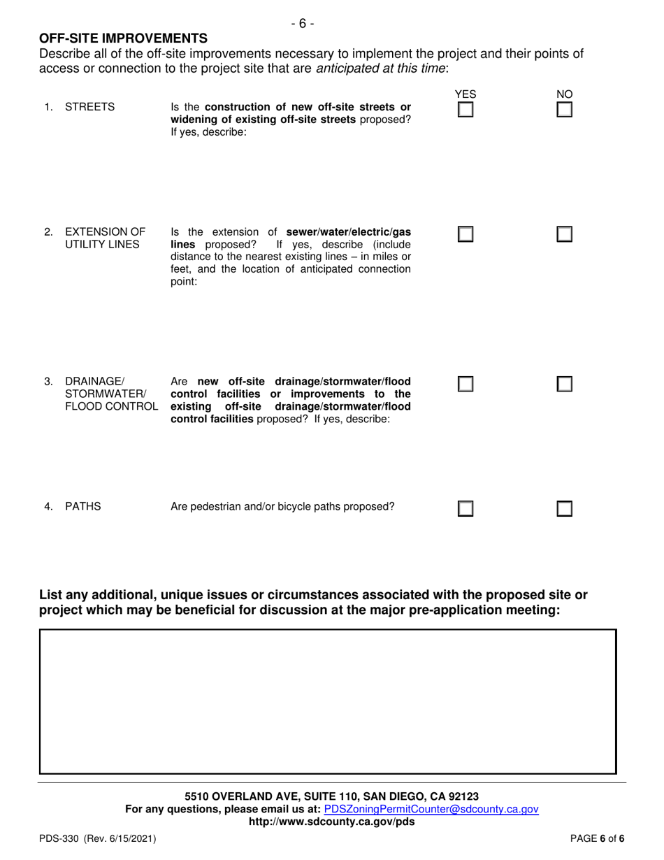 Form PDS-330 Supplemental Questionnaire for Major Project Pre-application Meeting Request - County of San Diego, California, Page 6