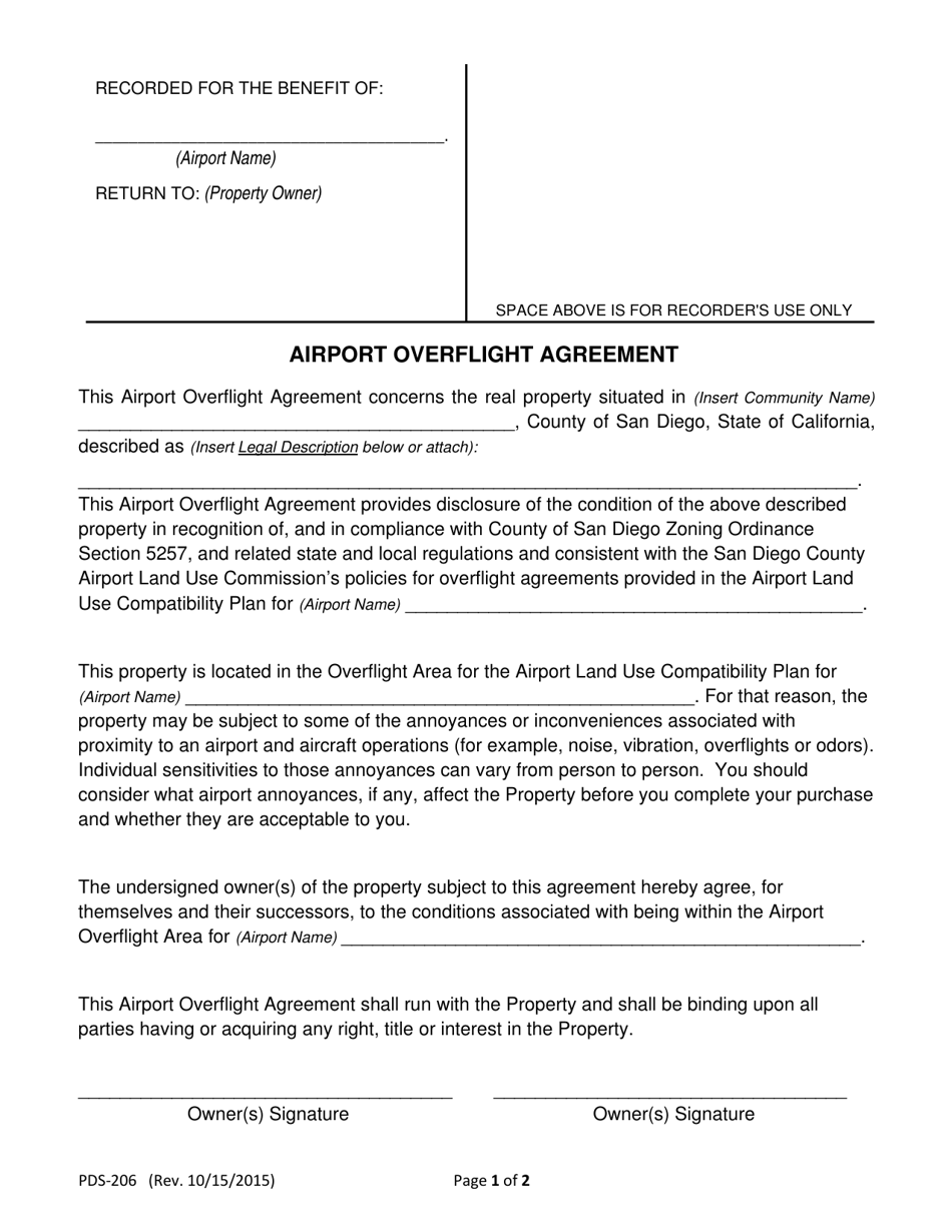 Form PDS-206 Airport Overflight Agreement - County of San Diego, California, Page 1