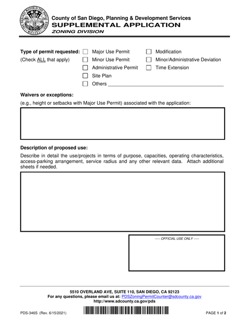 Form PDS-346S Supplemental Application - County of San Diego, California