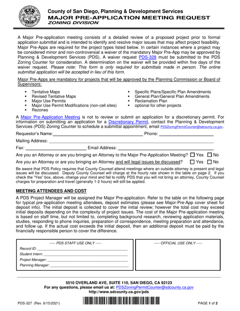 Form PDS-327 Major Pre-application Meeting Request - County of San Diego, California