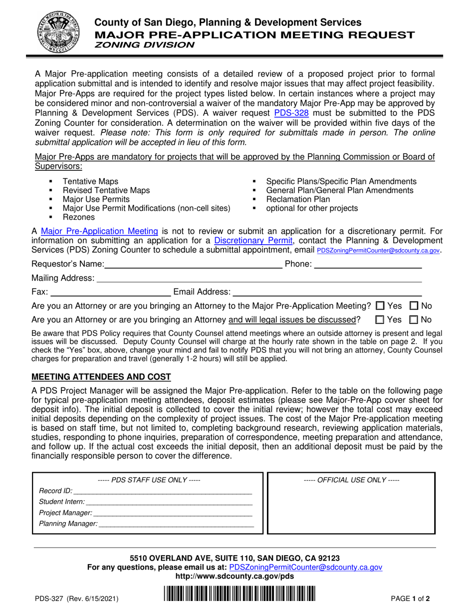 Form PDS-327 Major Pre-application Meeting Request - County of San Diego, California, Page 1