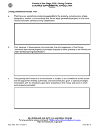 Form PDS-346V Variance Supplemental Application - County of San Diego, California, Page 2