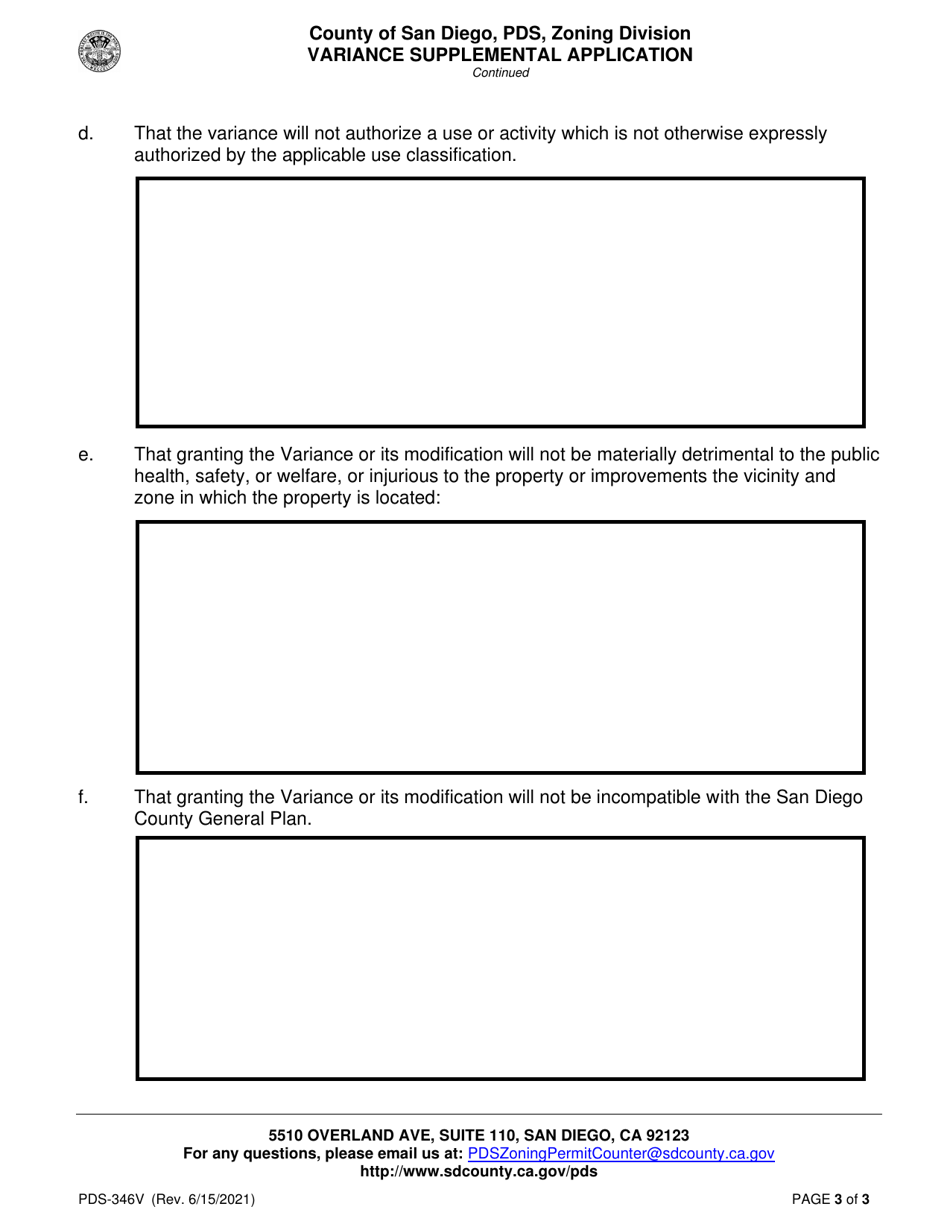 Form PDS-346V Variance Supplemental Application - County of San Diego, California, Page 3