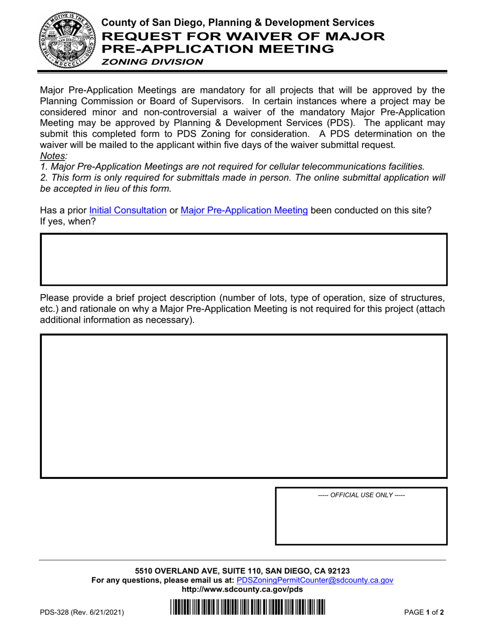 Form PDS-328 Request for Waiver of Major Pre-application Meeting - County of San Diego, California, Page 1