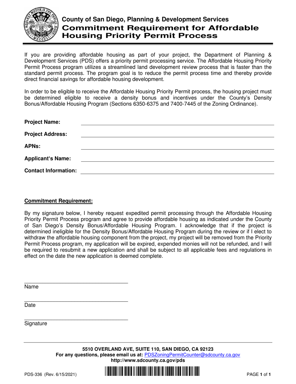 Form PDS-336 Commitment Requirement for Affordable Housing Priority Permit Process - County of San Diego, California, Page 1