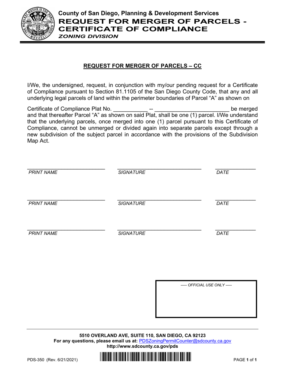 Form PDS-350 Request for Merger of Parcels - Certificate of Compliance - County of San Diego, California, Page 1