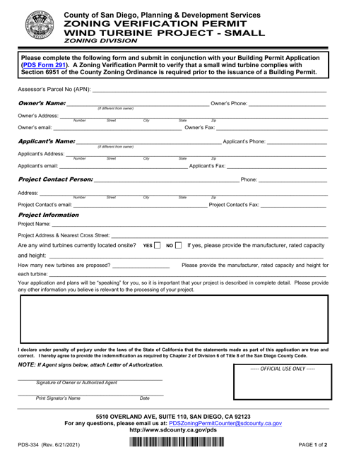 Form PDS-334 Zoning Verification Permit Wind Turbine Project - Small - County of San Diego, California