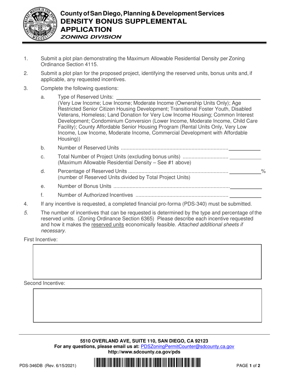 Form PDS-346DB Density Bonus Supplemental Application - County of San Diego, California, Page 1