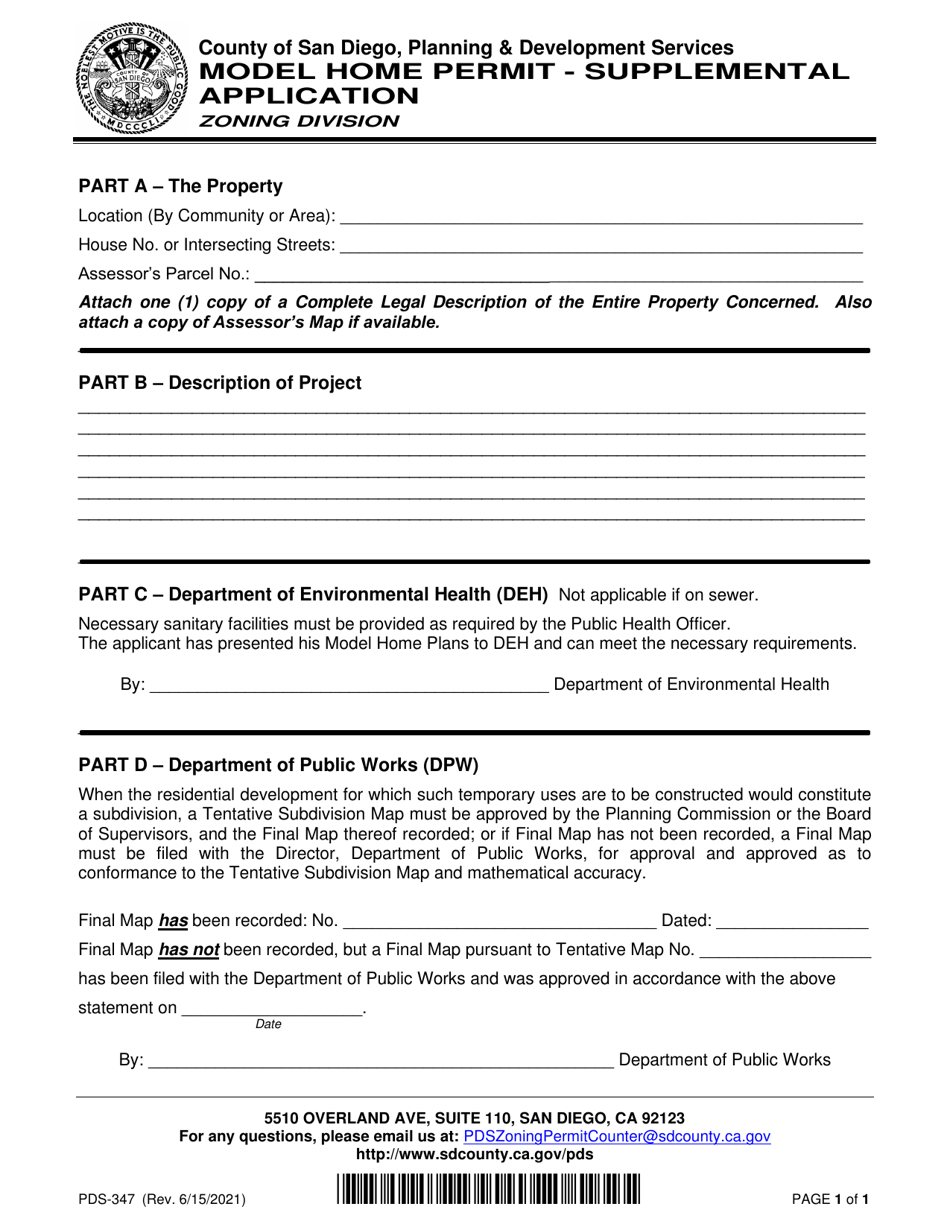 Form PDS-347 Model Home Permit - Supplemental Application - County of San Diego, California, Page 1