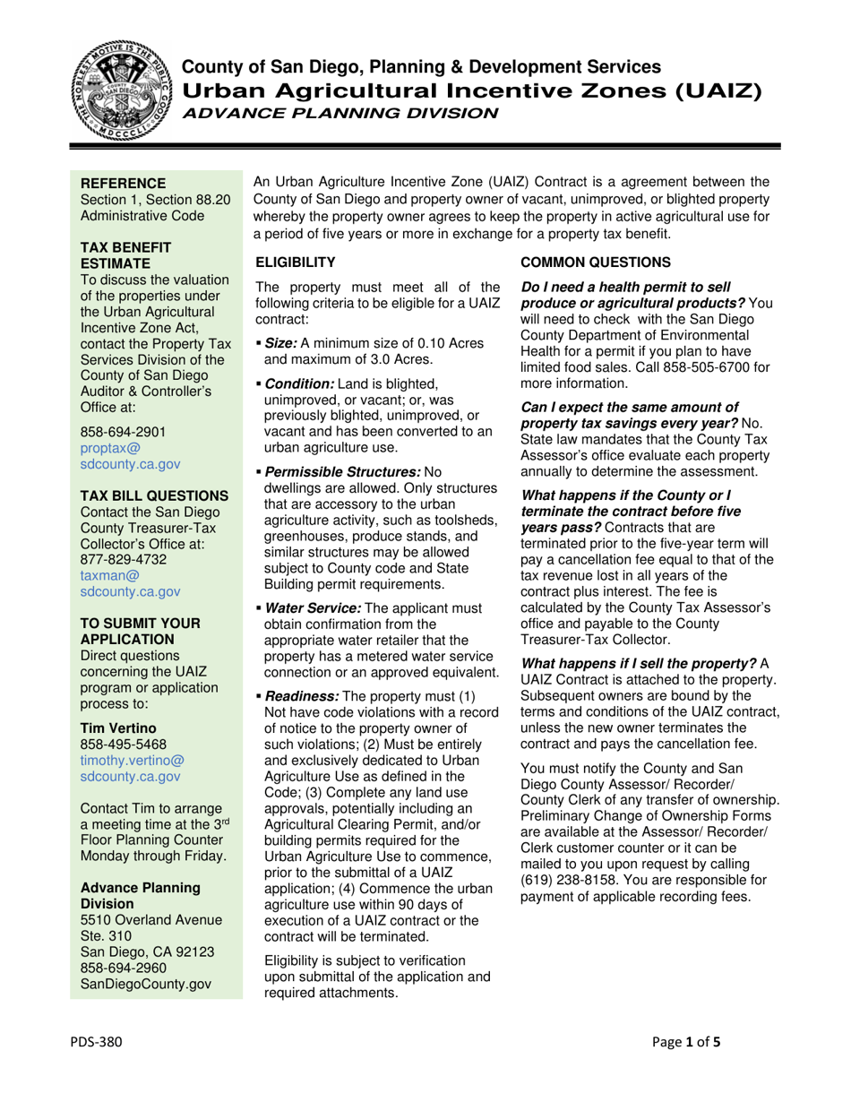 Form PDS-380 Urban Agriculture Incentive Zone (Uaiz) Contract - County of San Diego, California, Page 1