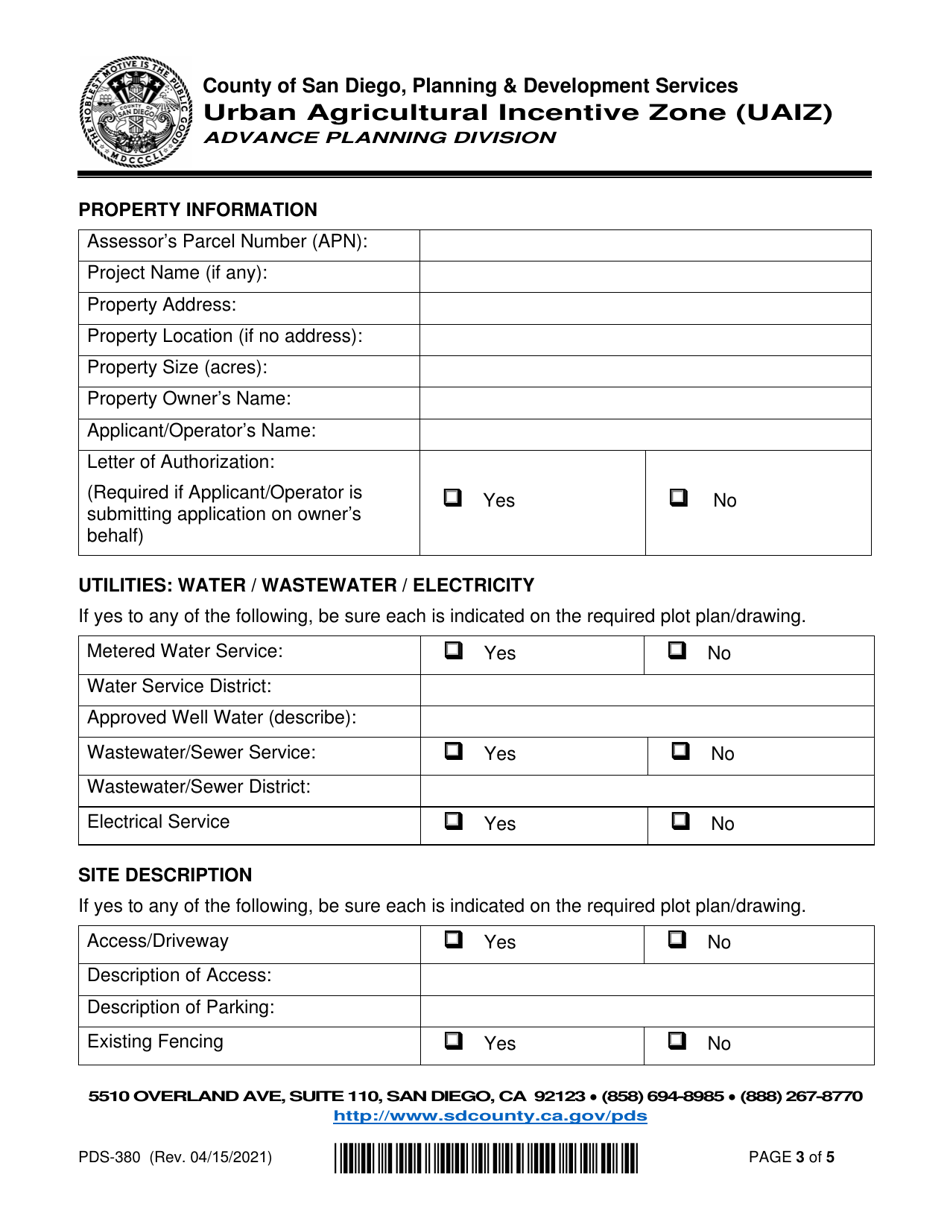 Form PDS-380 Urban Agriculture Incentive Zone (Uaiz) Contract - County of San Diego, California, Page 3