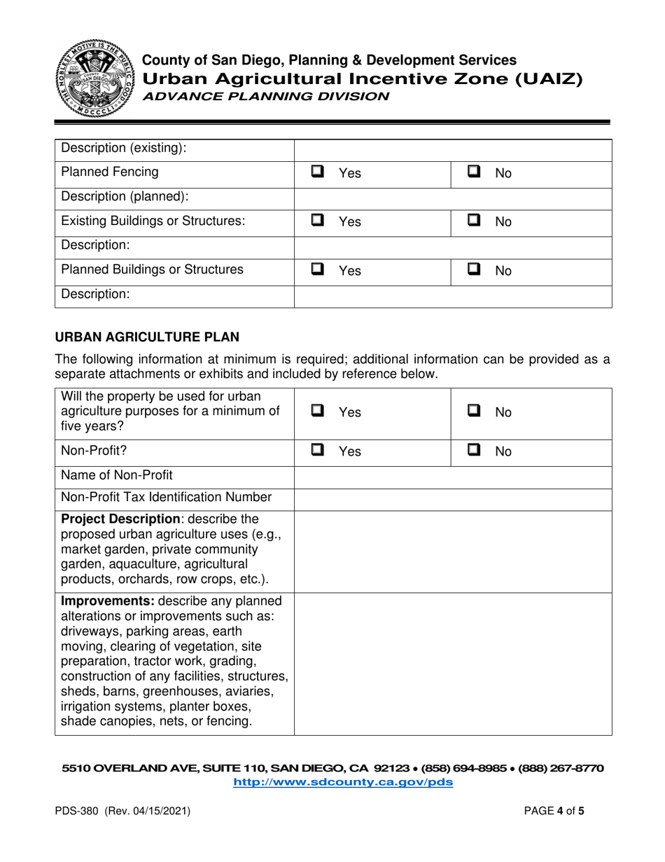 Form PDS-380 Urban Agriculture Incentive Zone (Uaiz) Contract - County of San Diego, California, Page 4