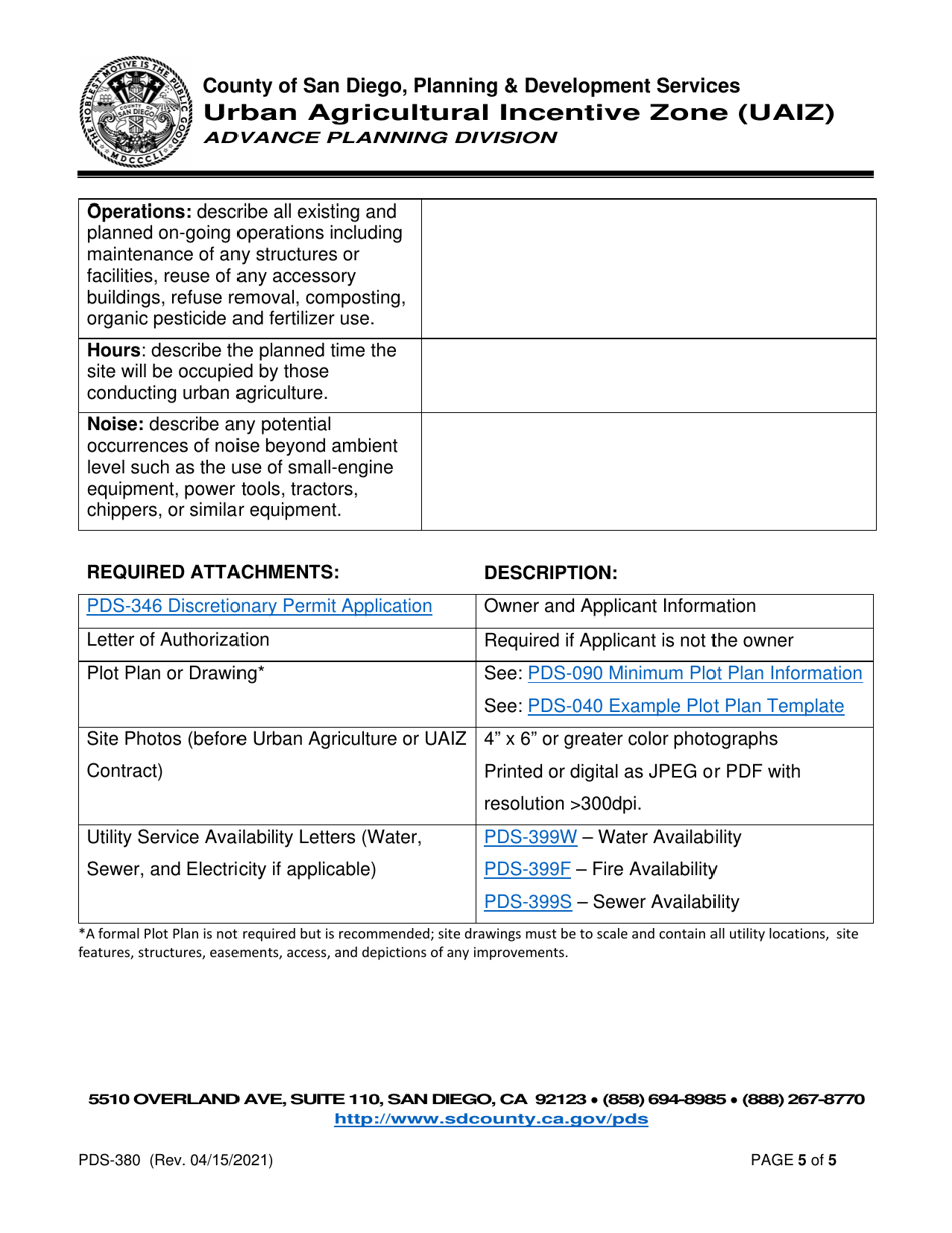 Form PDS-380 Urban Agriculture Incentive Zone (Uaiz) Contract - County of San Diego, California, Page 5