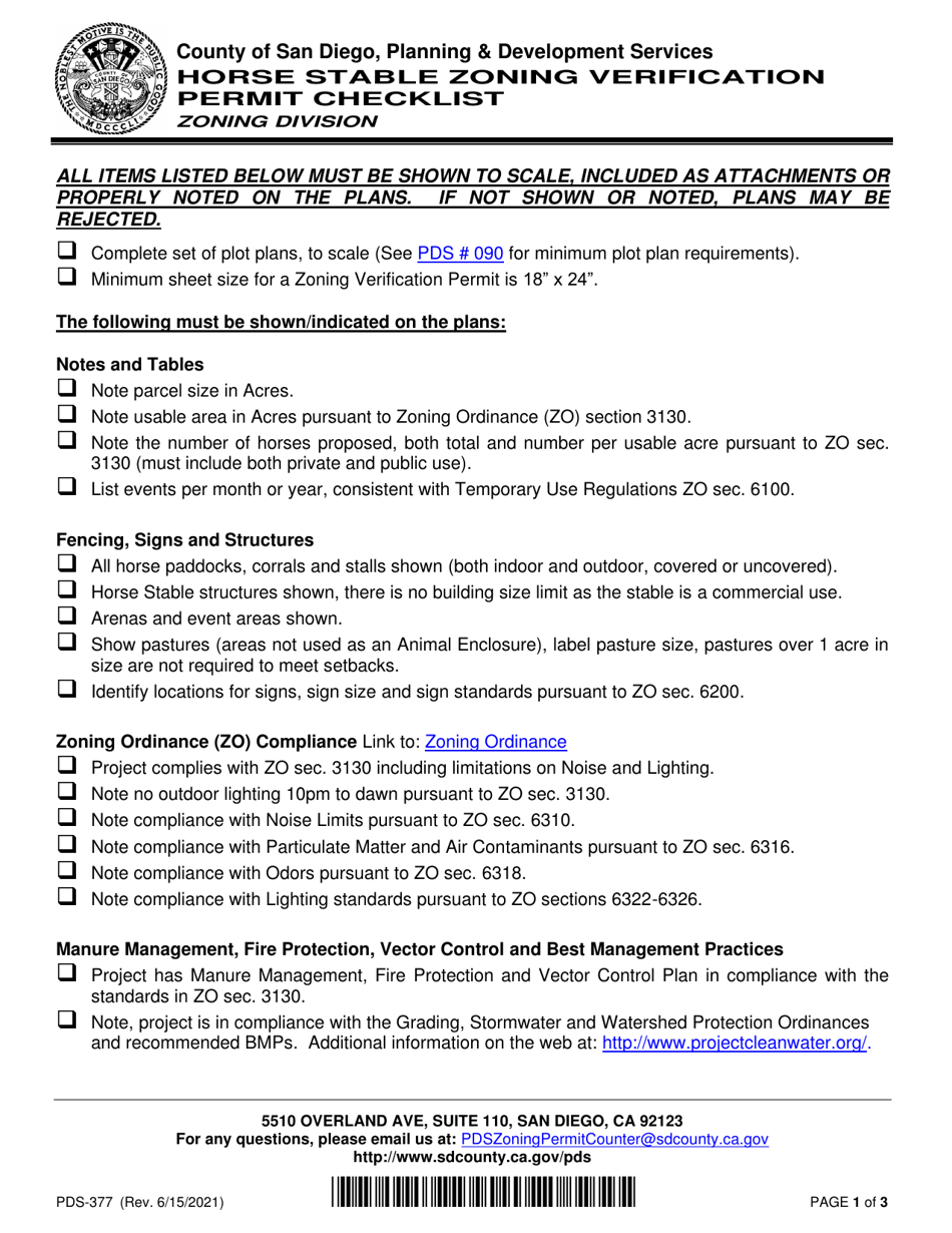 Form PDS-377 Horse Stable Zoning Verification Permit Checklist - County of San Diego, California, Page 1