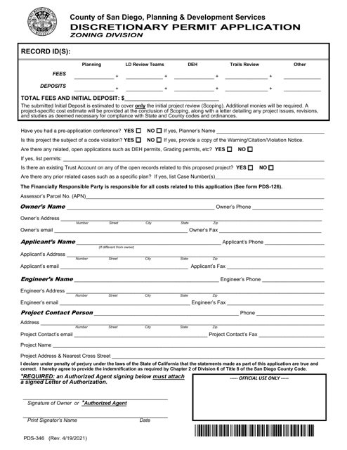 Form PDS-346 Discretionary Permit Application - County of San Diego, California