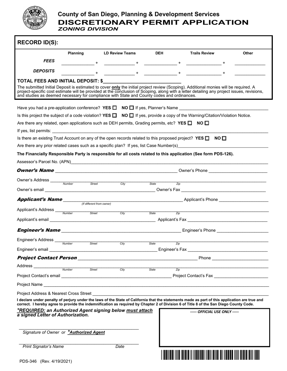 Form PDS-346 Discretionary Permit Application - County of San Diego, California, Page 1