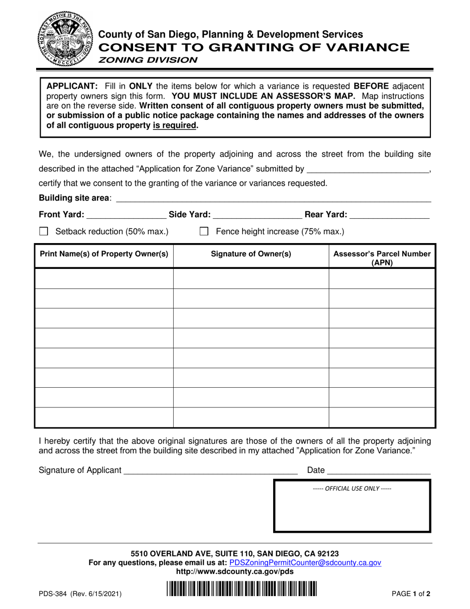 Form PDS-384 Consent to Granting of Variance - County of San Diego, California, Page 1