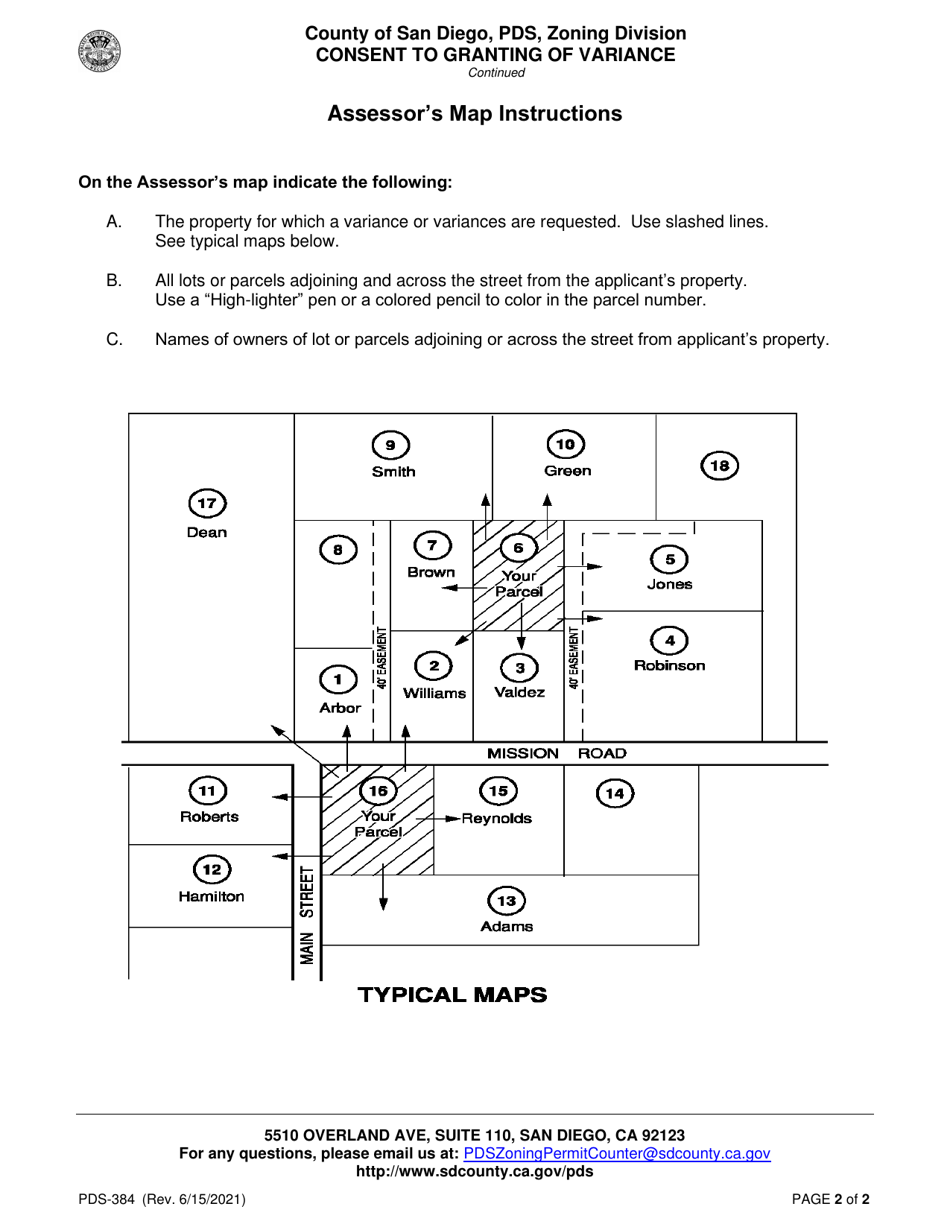 Form PDS-384 Consent to Granting of Variance - County of San Diego, California, Page 2