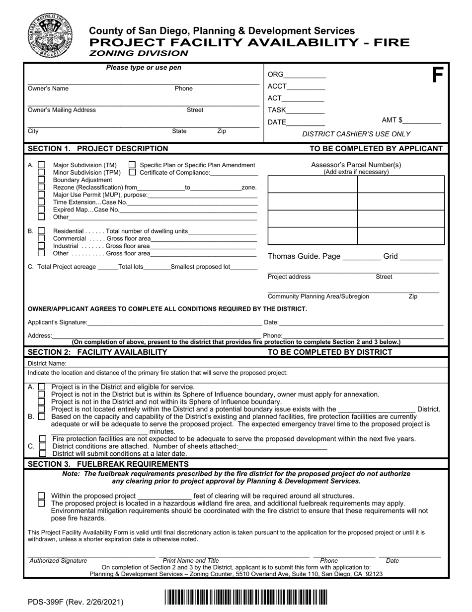 Form PDS-399F Project Facility Availability - Fire - County of San Diego, California, Page 1