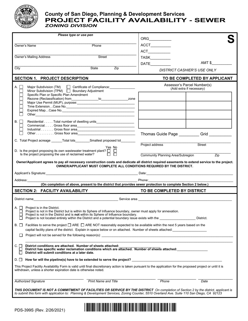 Form PDS-399S Project Facility Availability - Sewer - County of San Diego, California, Page 1