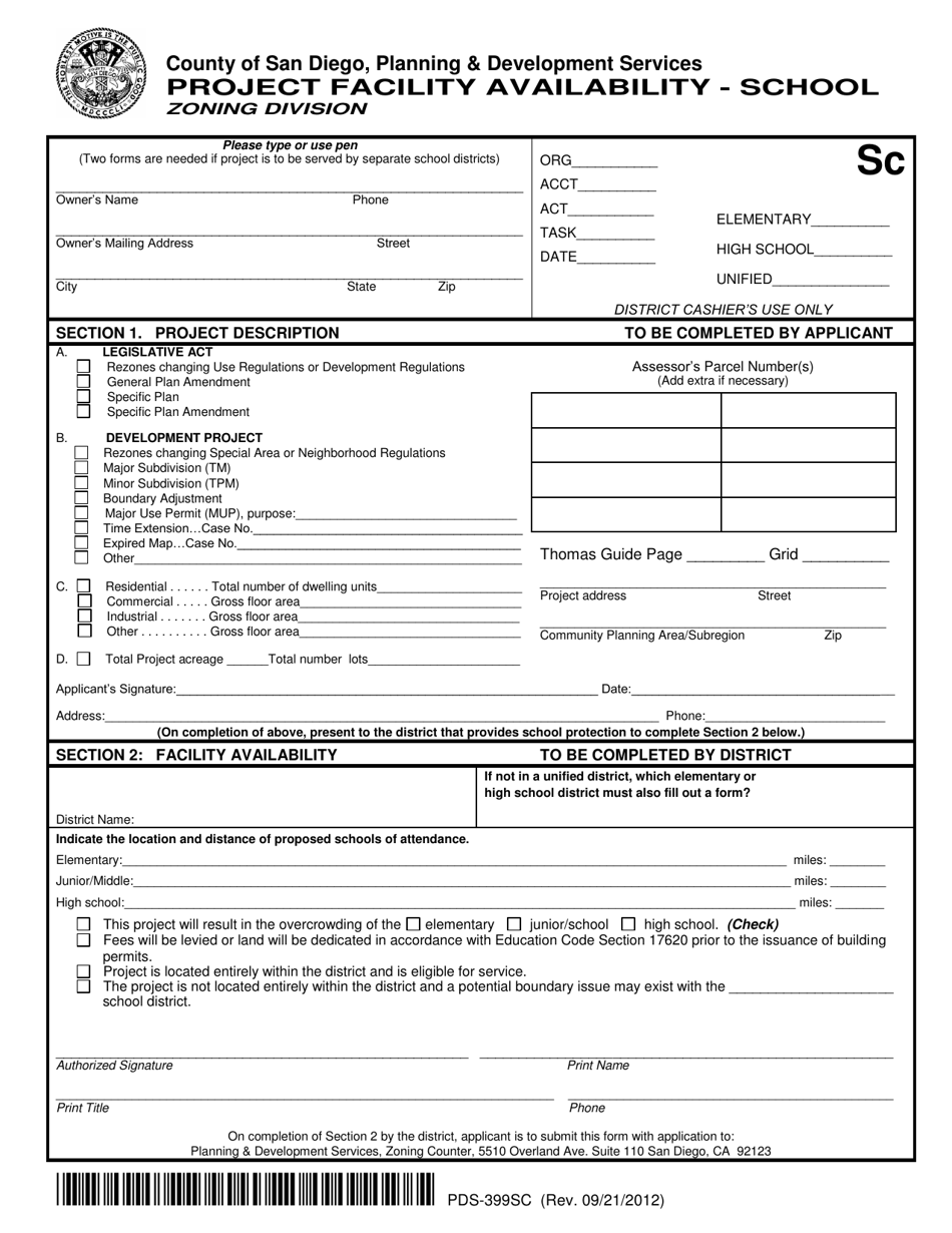 Form PDS-399SC Project Facility Availability - School - County of San Diego, California, Page 1