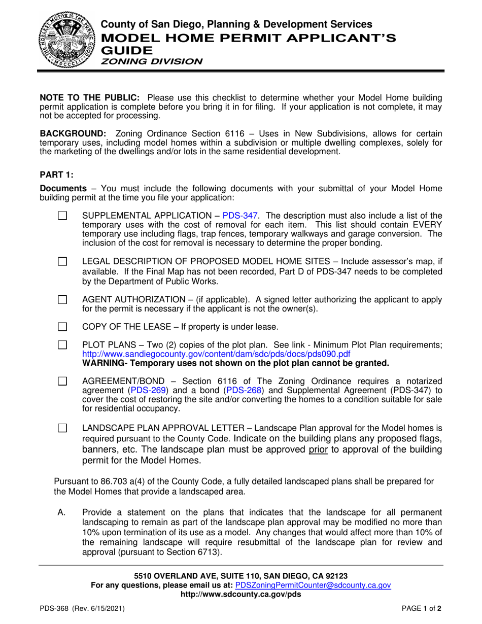 Form PDS-368 Model Home Permit Applicants Guide - County of San Diego, California, Page 1