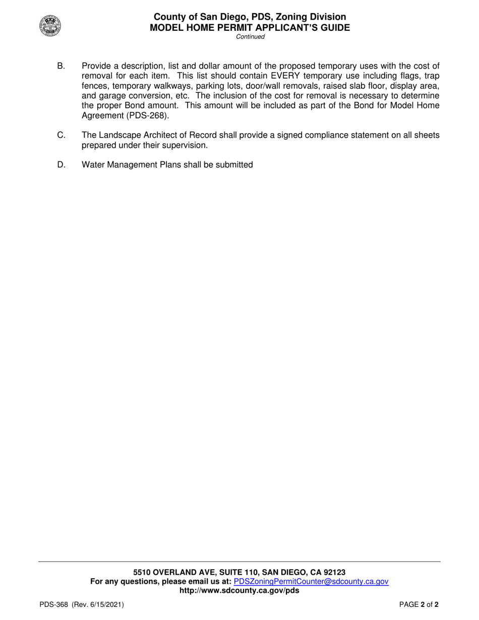Form PDS-368 Model Home Permit Applicants Guide - County of San Diego, California, Page 2