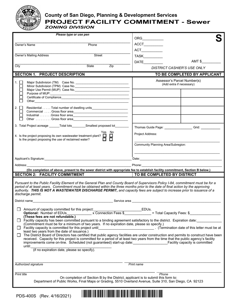Form PDS-400S Project Facility Commitment - Sewer - County of San Diego, California, Page 1