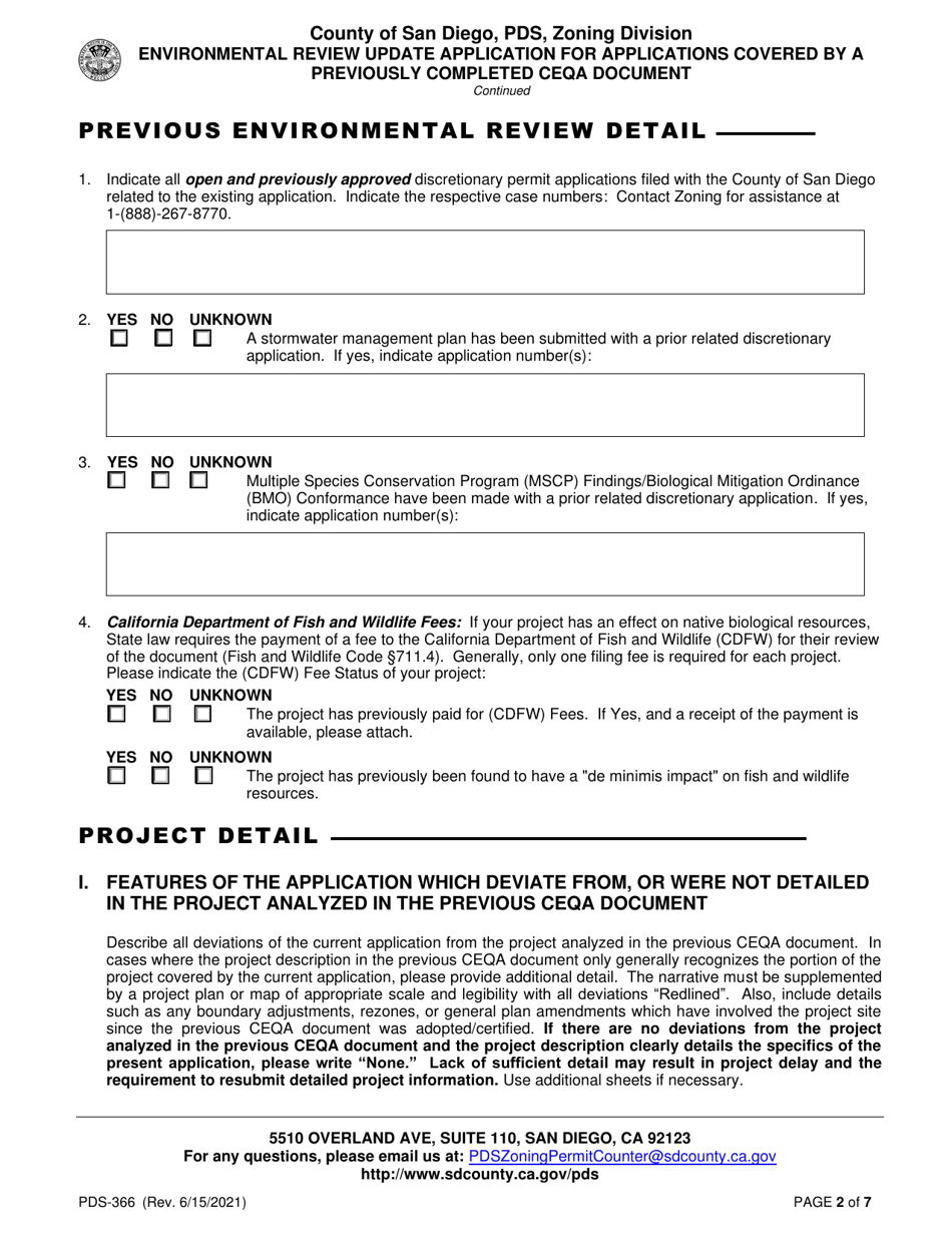 Form PDS-366 Environmental Review Update Application for Applications Covered by a Previously Completed Ceqa Document - County of San Diego, California, Page 2