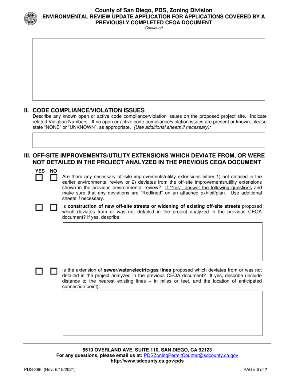 Form PDS-366 Environmental Review Update Application for Applications Covered by a Previously Completed Ceqa Document - County of San Diego, California, Page 3