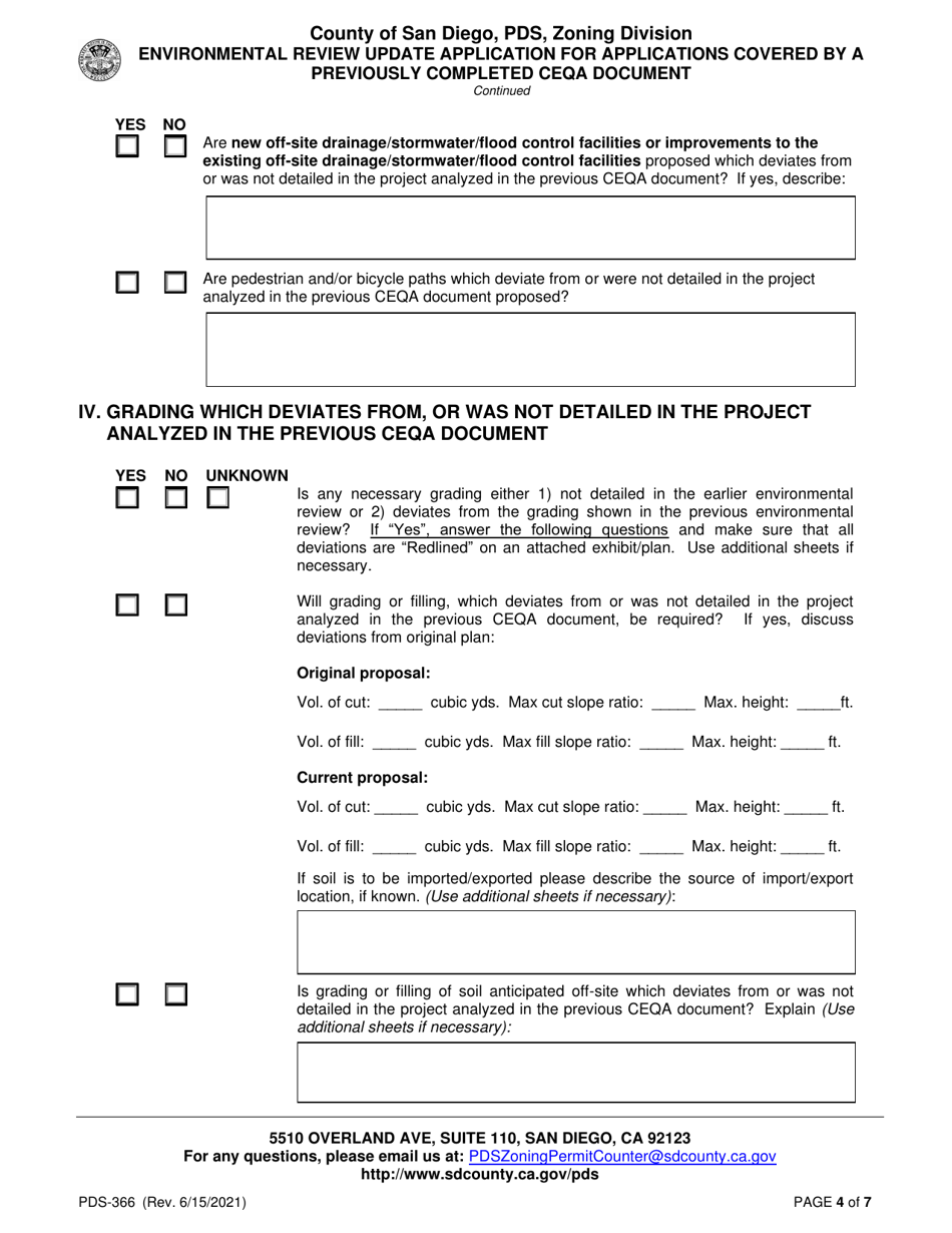 Form PDS-366 Environmental Review Update Application for Applications Covered by a Previously Completed Ceqa Document - County of San Diego, California, Page 4