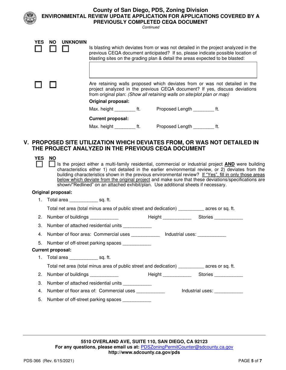 Form PDS-366 Environmental Review Update Application for Applications Covered by a Previously Completed Ceqa Document - County of San Diego, California, Page 5