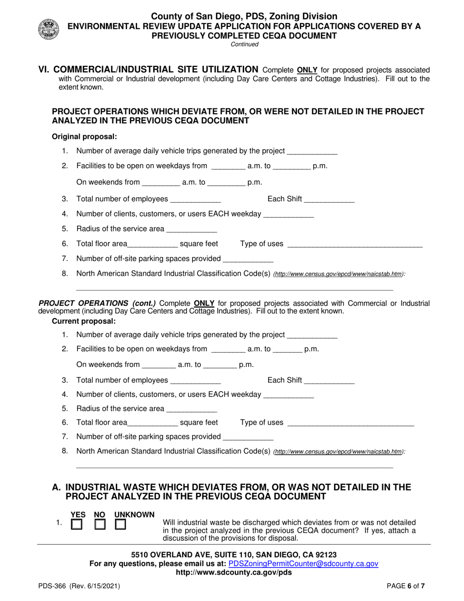 Form PDS-366 Environmental Review Update Application for Applications Covered by a Previously Completed Ceqa Document - County of San Diego, California, Page 6