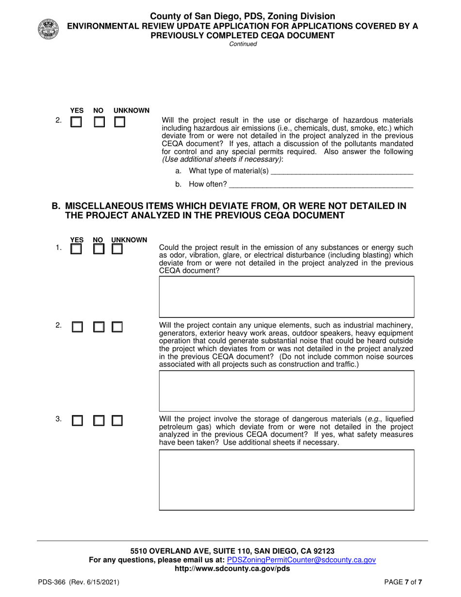 Form PDS-366 Environmental Review Update Application for Applications Covered by a Previously Completed Ceqa Document - County of San Diego, California, Page 7