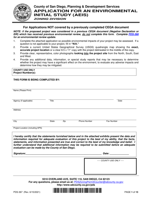 Form PDS-367 Application for an Environmental Initial Study (Aeis) - County of San Diego, California