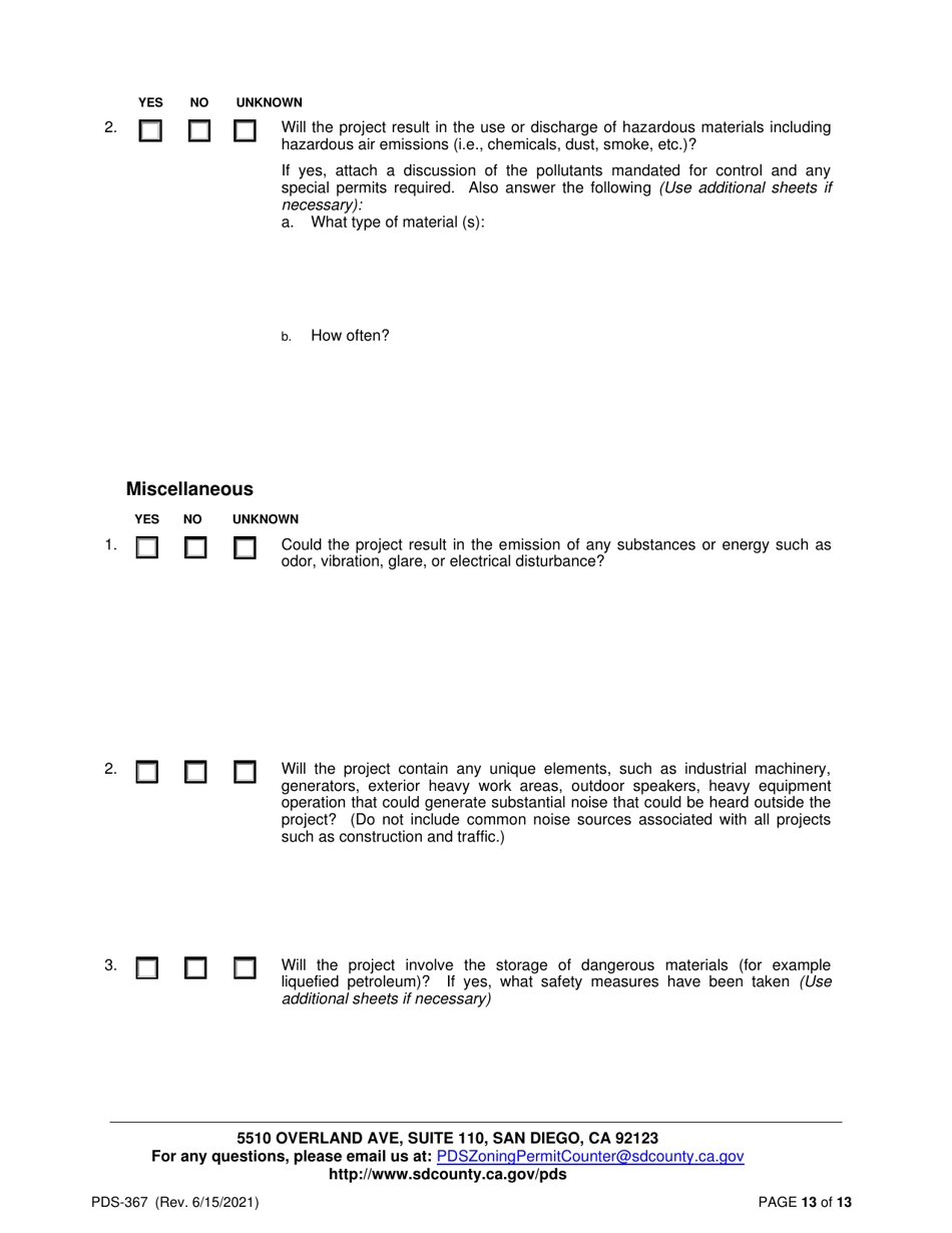 Form PDS-367 Application for an Environmental Initial Study (Aeis) - County of San Diego, California, Page 13