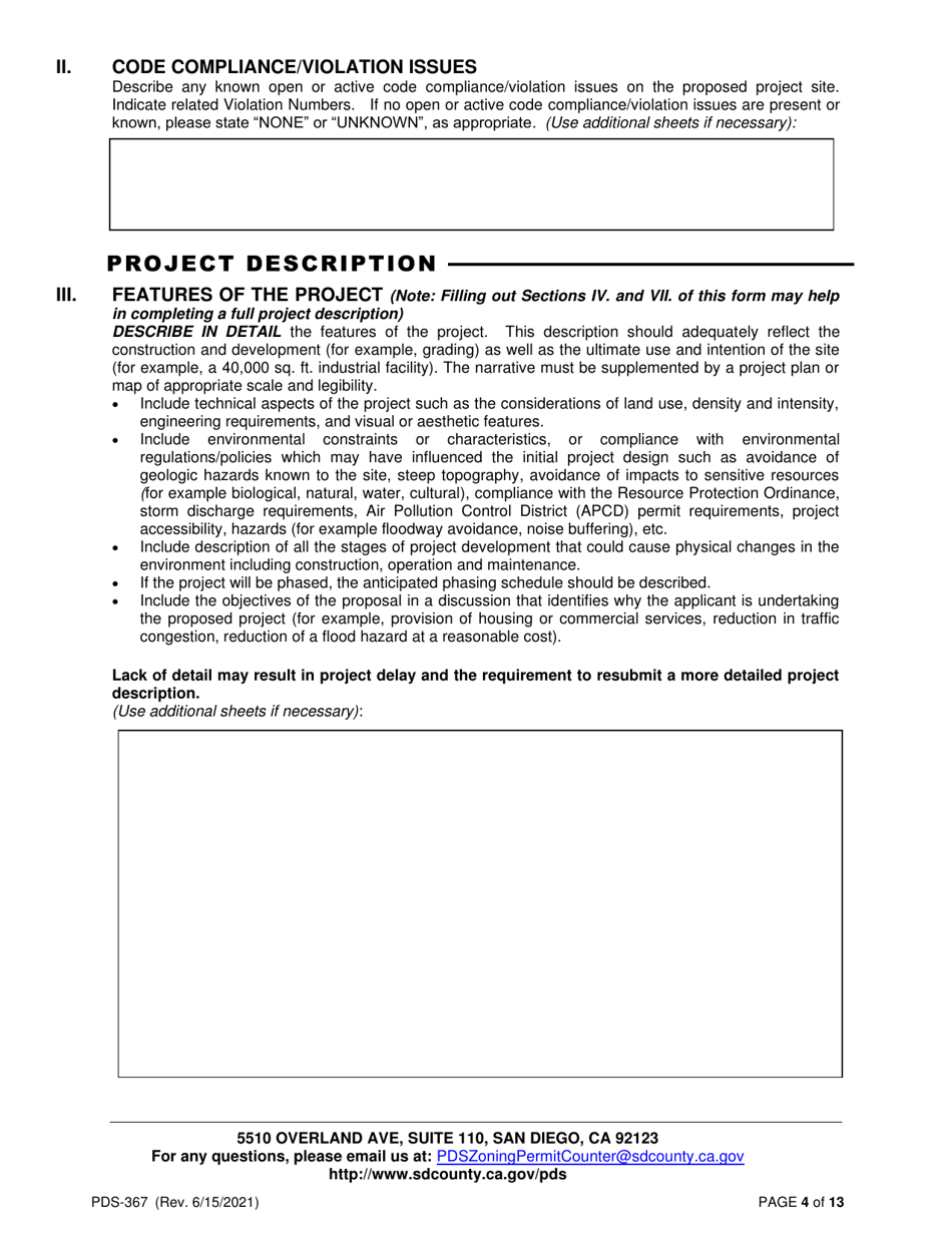 Form PDS-367 Application for an Environmental Initial Study (Aeis) - County of San Diego, California, Page 4