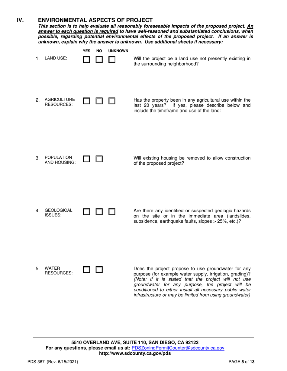 Form PDS-367 Application for an Environmental Initial Study (Aeis) - County of San Diego, California, Page 5