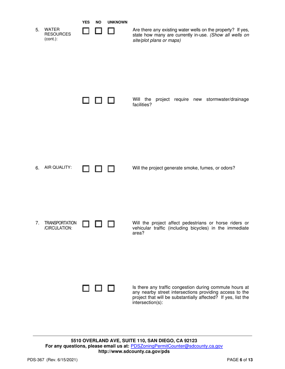 Form PDS-367 Application for an Environmental Initial Study (Aeis) - County of San Diego, California, Page 6