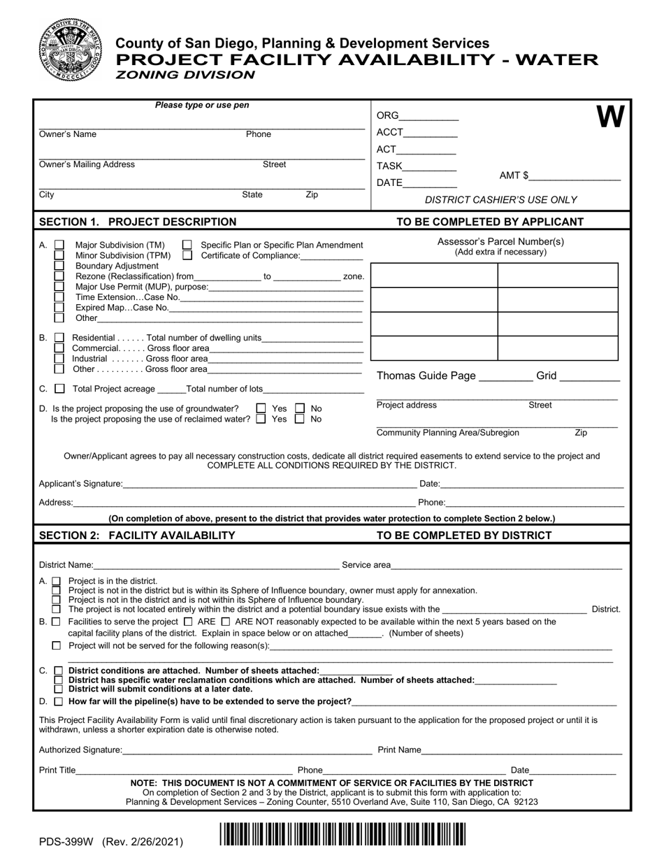 Form PDS-399W Project Facility Availability - Water - County of San Diego, California, Page 1