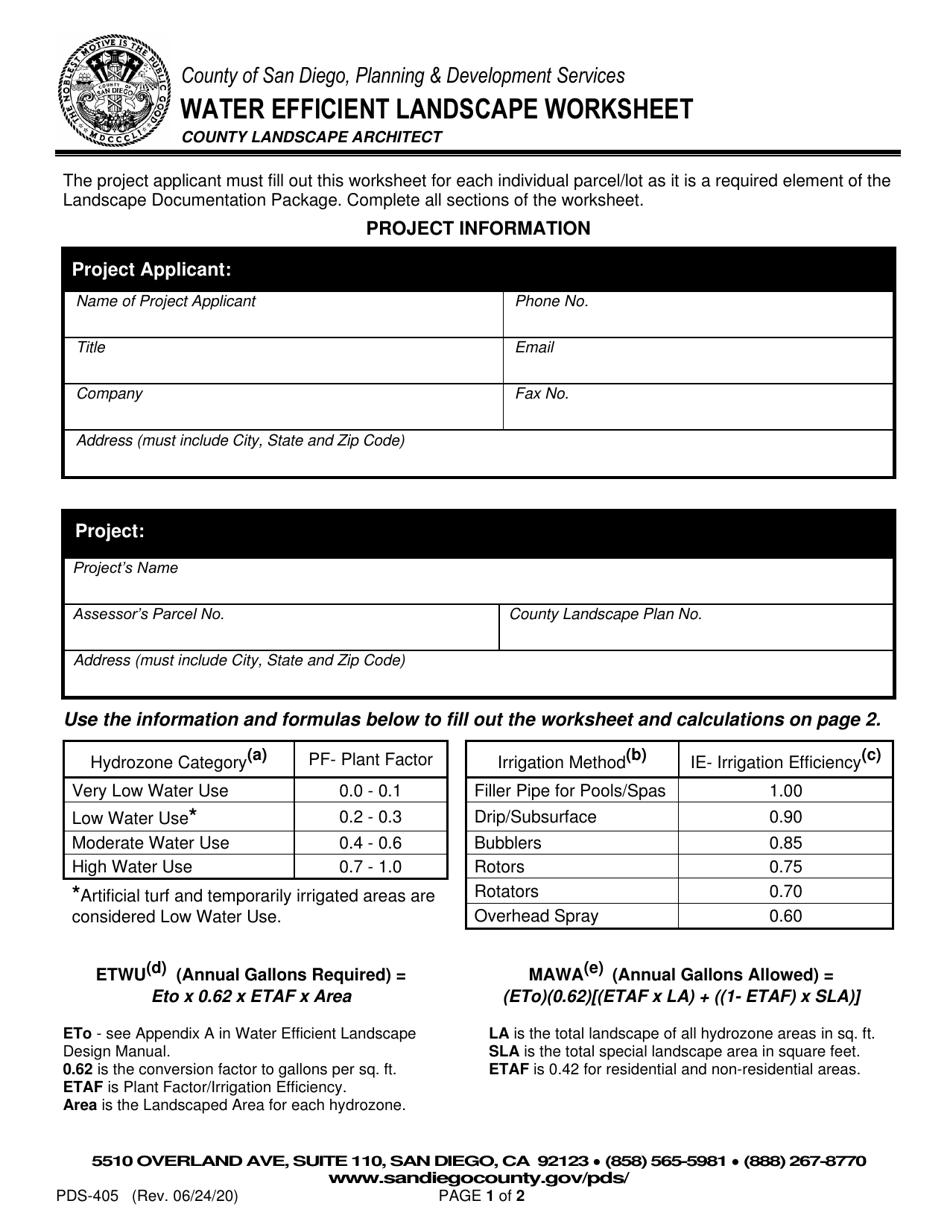 Form PDS-405 Water Efficient Landscape Worksheet - County of San Diego, California, Page 1