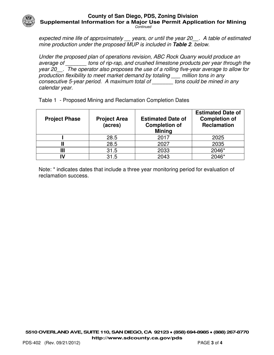 Form PDS-402 Supplemental Information for a Major Use Permit Application for Mining - County of San Diego, California, Page 3
