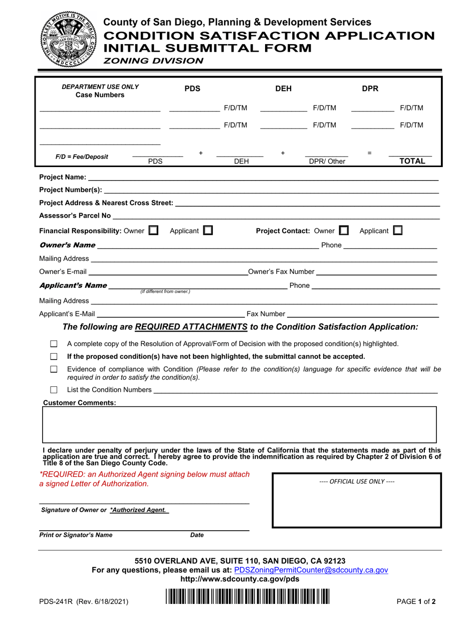 Form PDS-241R Condition Satisfaction Application Initial Submittal Form - County of San Diego, California, Page 1