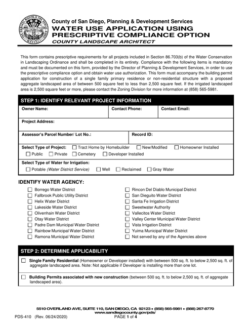 Form PDS-410 Water Use Application Using Prescriptive Compliance Option - County of San Diego, California