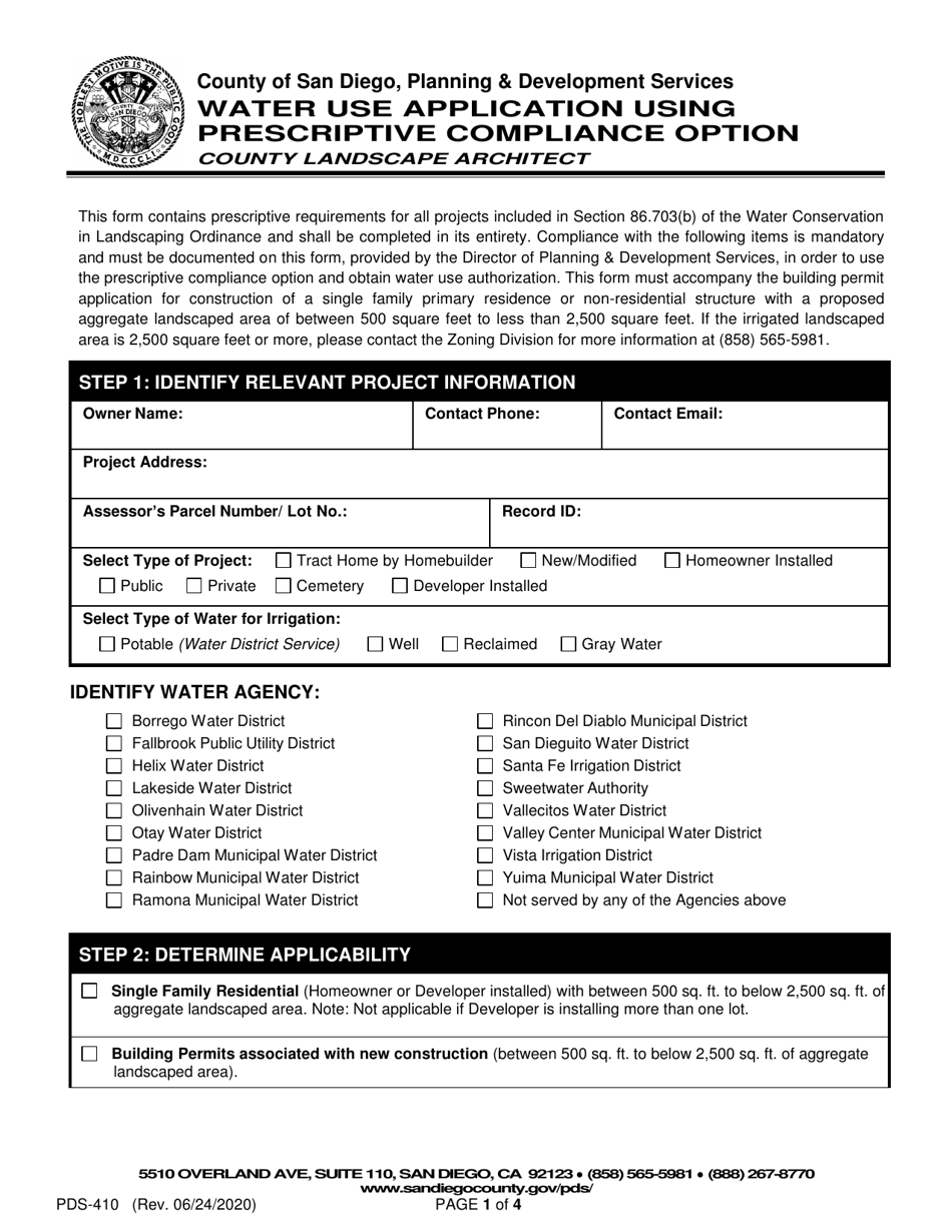 Form PDS-410 Water Use Application Using Prescriptive Compliance Option - County of San Diego, California, Page 1