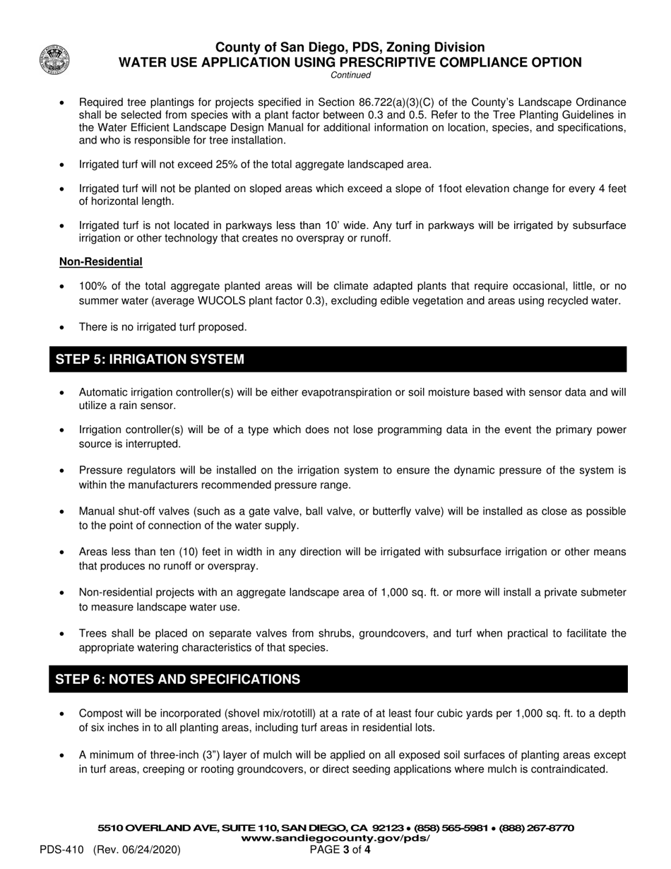 Form PDS-410 Water Use Application Using Prescriptive Compliance Option - County of San Diego, California, Page 3