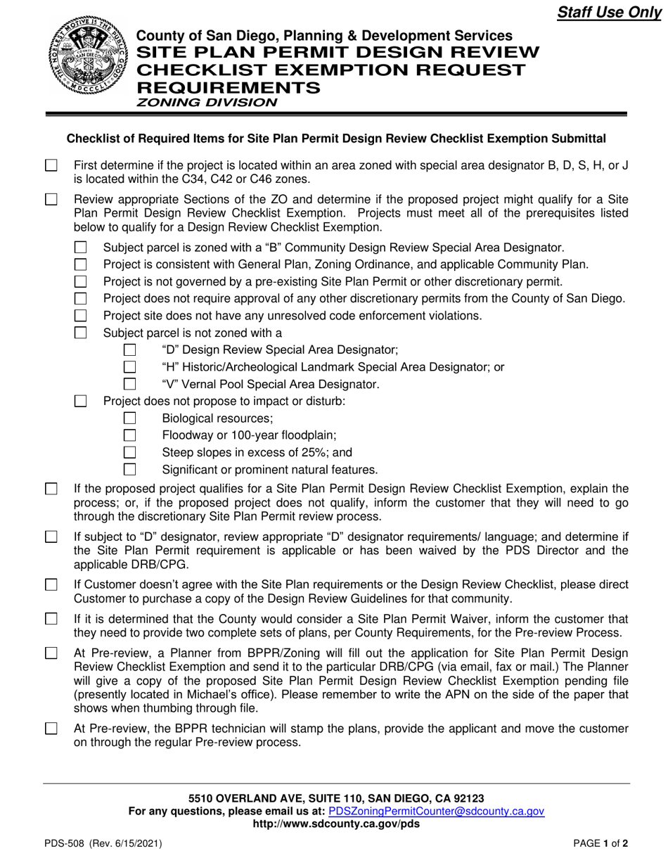Form PDS-508 Site Plan Permit Design Review Checklist Exemption Request Requirements - County of San Diego, California, Page 1