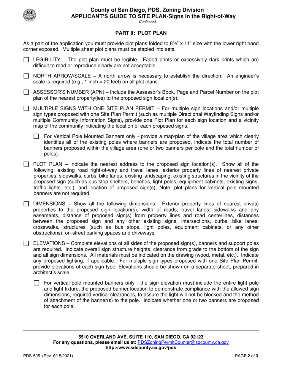 Form PDS-505 Applicants Guide to a Site Plan - Signs in the Right-Of-Way - County of San Diego, California, Page 2